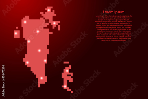 Bahrain map silhouette from red square pixels and glowing stars. Vector illustration. © elenvd