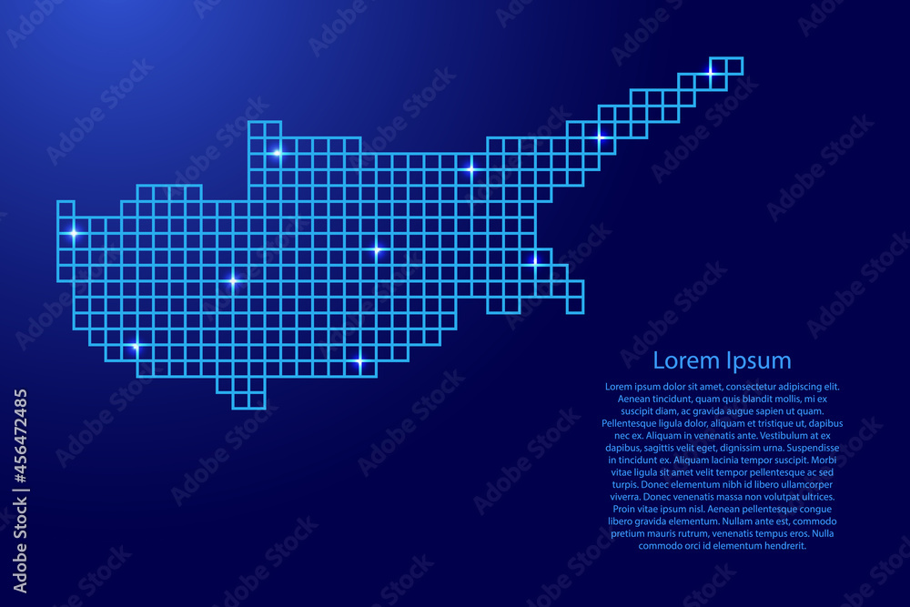 Cyprus map silhouette from blue mosaic structure squares and glowing stars. Vector illustration.