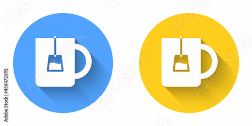 White Cup of tea icon isolated with long shadow background. Circle button. Vector
