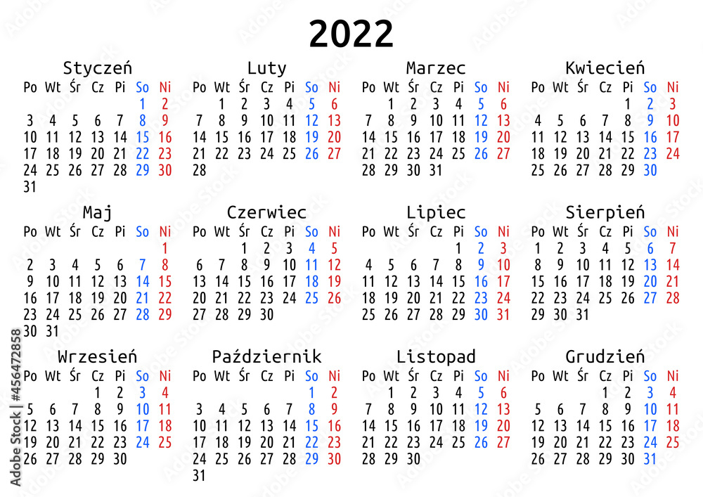2022 calendar, Polish, Poland. Vector compact annual wall or planner