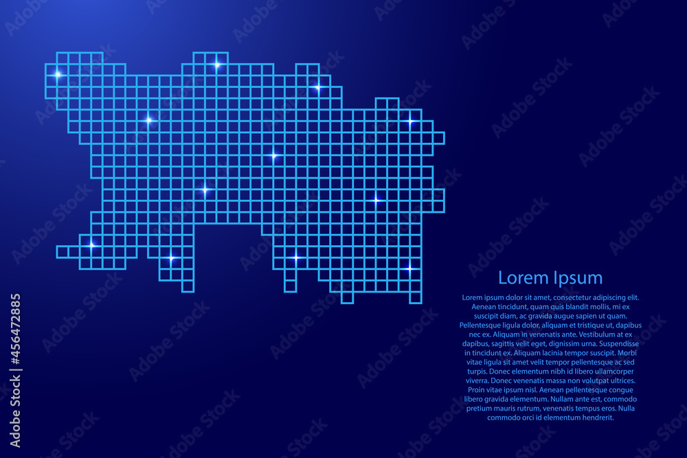 Jersey map silhouette from blue mosaic structure squares and glowing stars. Vector illustration.