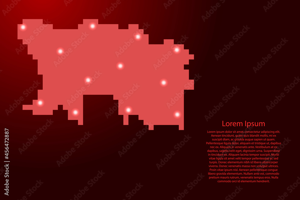 Jersey map silhouette from red square pixels and glowing stars. Vector illustration.