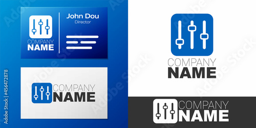 Logotype Sound mixer controller icon isolated on white background. Dj equipment slider buttons. Mixing console. Logo design template element. Vector