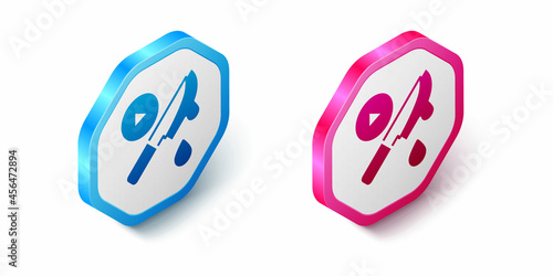Isometric Thriller movie icon isolated on white background. Bloody knife. Suspenseful cinema genre, survival horror. Shocking films with gore and violence. Hexagon button. Vector