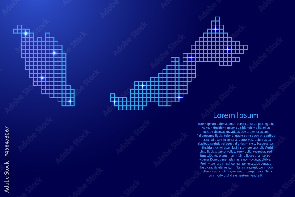 Malaysia map silhouette from blue mosaic structure squares and glowing stars. Vector illustration.
