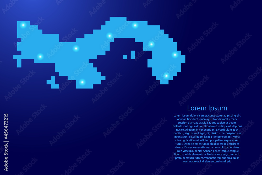 Panama map silhouette from blue square pixels and glowing stars. Vector illustration.