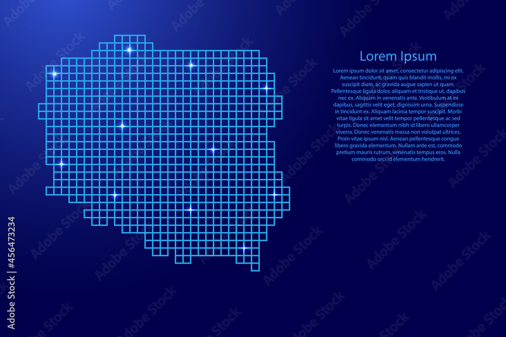 Poland map silhouette from blue mosaic structure squares and glowing stars. Vector illustration.