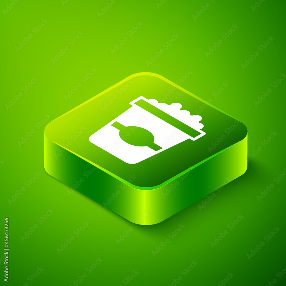 Isometric Popcorn in cardboard box icon isolated on green background. Popcorn bucket box. Green square button. Vector Isometric Popcorn in cardboard box icon isolated on green background. Popcorn bucket box. Green square button. Vector