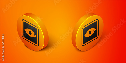 Isometric Film or movie cinematography rating or review icon isolated on orange background. Orange circle button. Vector