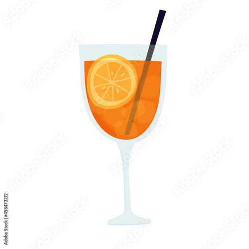 Hand drawn vector illustration of Aperol spritz cocktail in glass with ice and straw and orange slice. Isolated on white background.