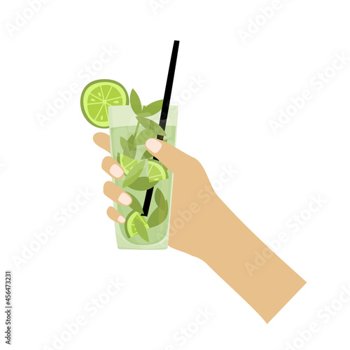 Hand drawn vector illustration of Mojito cocktail with mint leaves. Isolated on white background.