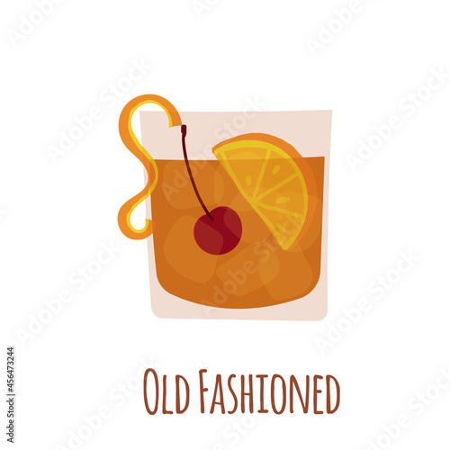 Hand drawn vector illustration of Old Fashioned alcoholic cocktail drink. Isolated on white background.
