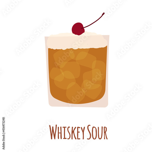 Hand drawn vector illustration of whiskey sour alcoholic cocktail drink. Isolated on white background.