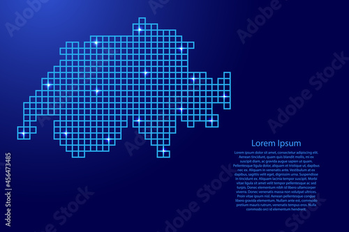 Switzerland map silhouette from blue mosaic structure squares and glowing stars. Vector illustration.