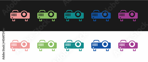 Set Presentation, movie, film, media projector icon isolated on black and white background. Vector