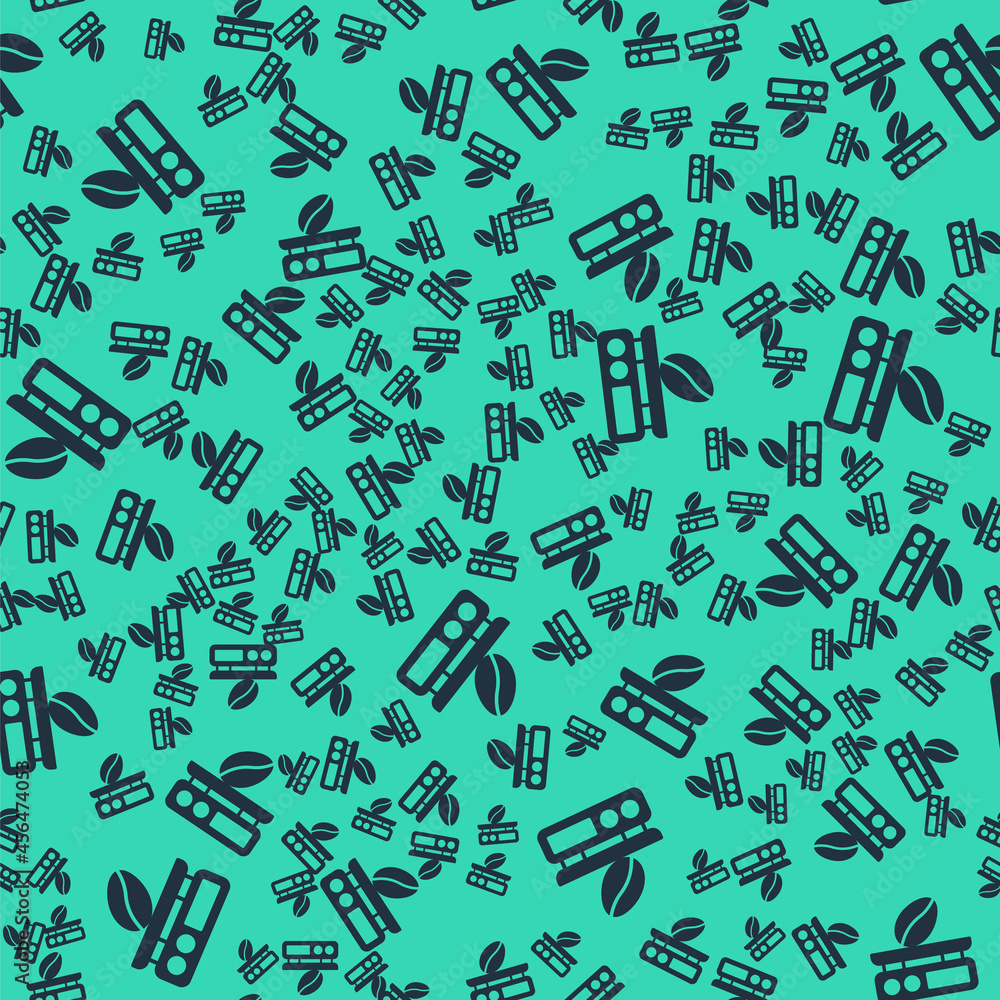Black Electronic coffee scales icon isolated seamless pattern on green background. Weight measure equipment. Vector Black Electronic coffee scales icon isolated seamless pattern on green background. Weight measure equipment. Vector
