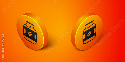 Isometric Coffee jar bottle icon isolated on orange background. Orange circle button. Vector