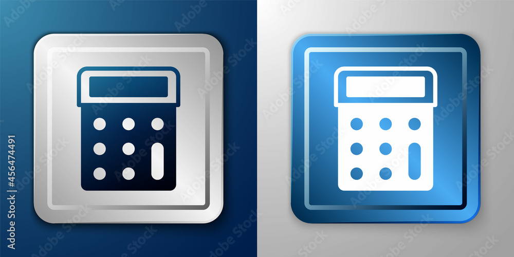 White Calculator icon isolated on blue and grey background. Accounting symbol. Business calculations mathematics education and finance. Silver and blue square button. Vector White Calculator icon isolated on blue and grey background. Accounting symbol. Business calculations mathematics education and finance. Silver and blue square button. Vector