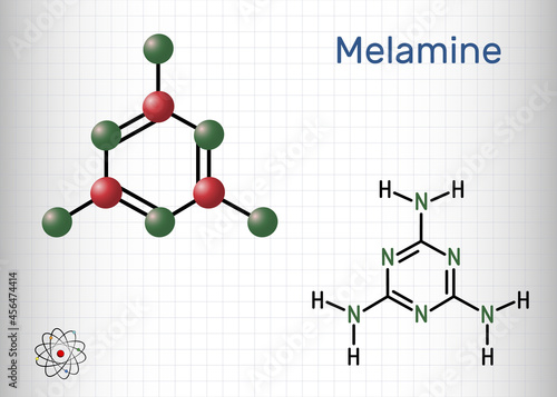 Melamine C3H6N6 molecule. It is used to produce melamine resins. Structural chemical formula and molecule model. Sheet of paper in a cage