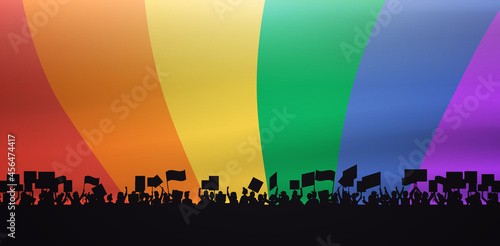 protesters crowd silhouette holding placards lgbt demonstration rainbow flag background gay lesbian love parade