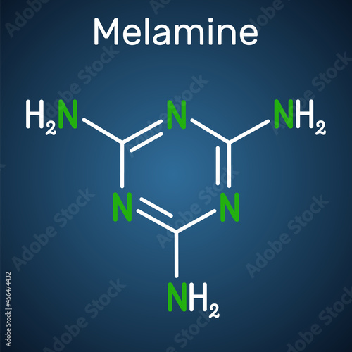 Melamine C3H6N6 molecule. It is used to produce melamine resins. Structural chemical formula on the dark blue background photo