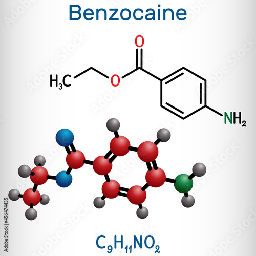 Benzocaine molecule. It is local anesthetic. Structural chemical formula and molecule model