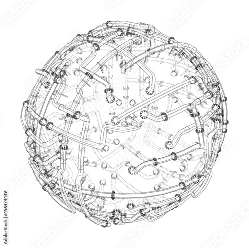 Pipes with flanges around a large sphere. Vector