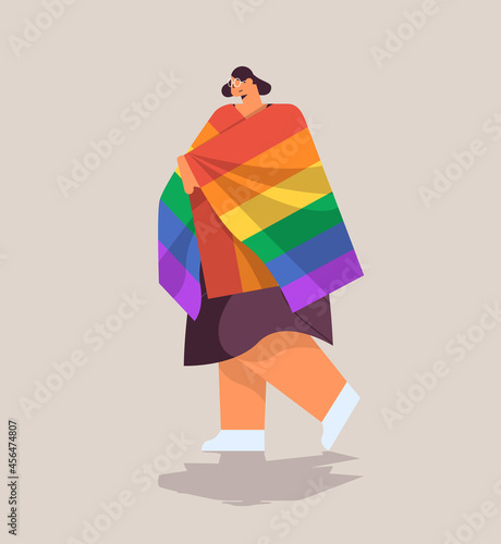 woman holding lgbt rainbow flag gay lesbian love parade pride festival transgender love concept