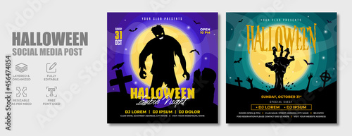 Halloween horror night dj party social media post template design. Scary zombie or ghost club party, festival, holiday and celebration event marketing web banner, flyer or abstract poster.   