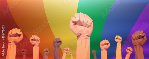 mix race raised fists lgbt rainbow flag background gay lesbian love parade pride festival transgender love concept