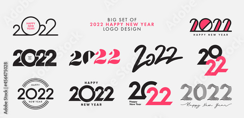 Big Set of 2022 Happy New Year logo text design. 2022 number design template. Collection of 2022 happy new year symbols. Vector illustration with black labels isolated on white background. 