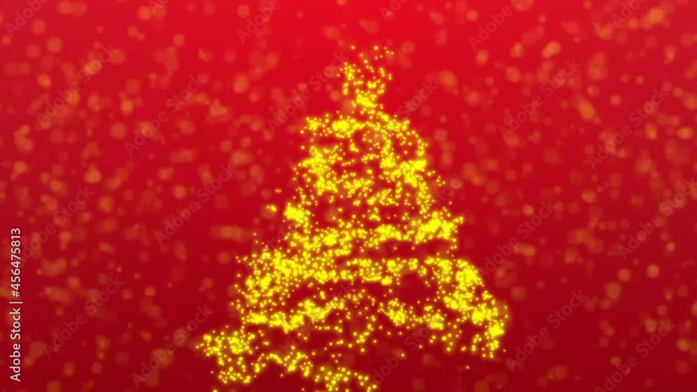 4K video motion graphic background. Red glittering christmas background with golden christmas tree shiny lights, snowflakes, star and particles moving down 4K video motion graphic background. Red glittering christmas background with golden christmas tree shiny lights, snowflakes, star and particles moving down