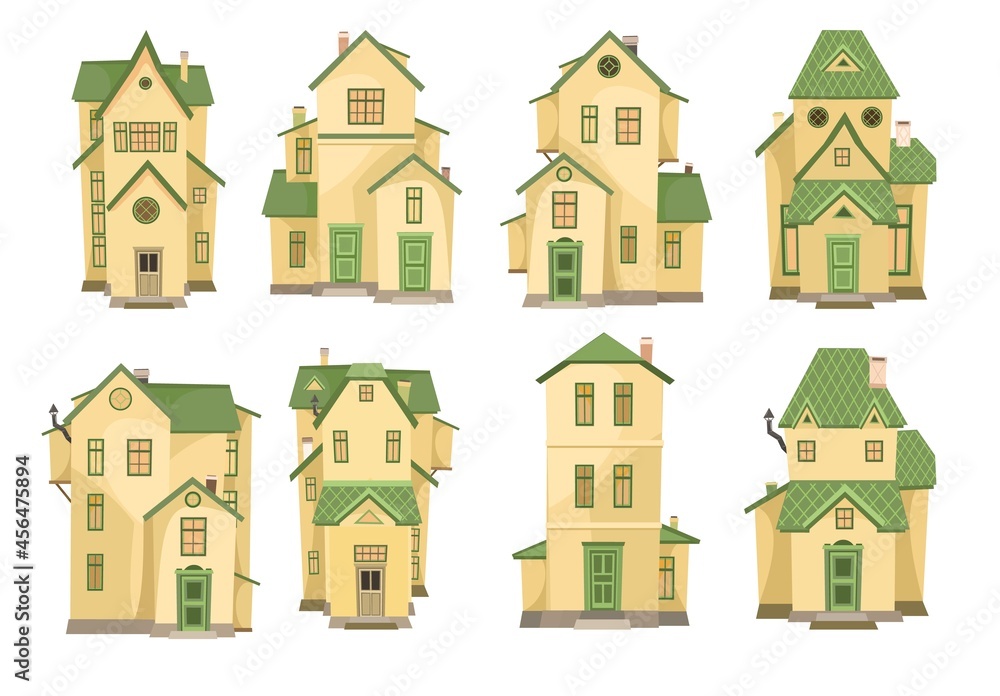 Set of cartoon yellow houses. A beautiful, cozy country house in a traditional European style. Collection of Cute funny homes. Isolated on white background. Vector