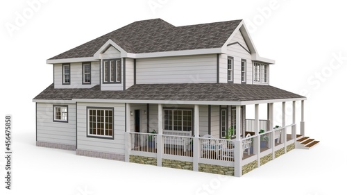 Modern beautiful house. A classic American cottage for a large family. 3D illustration