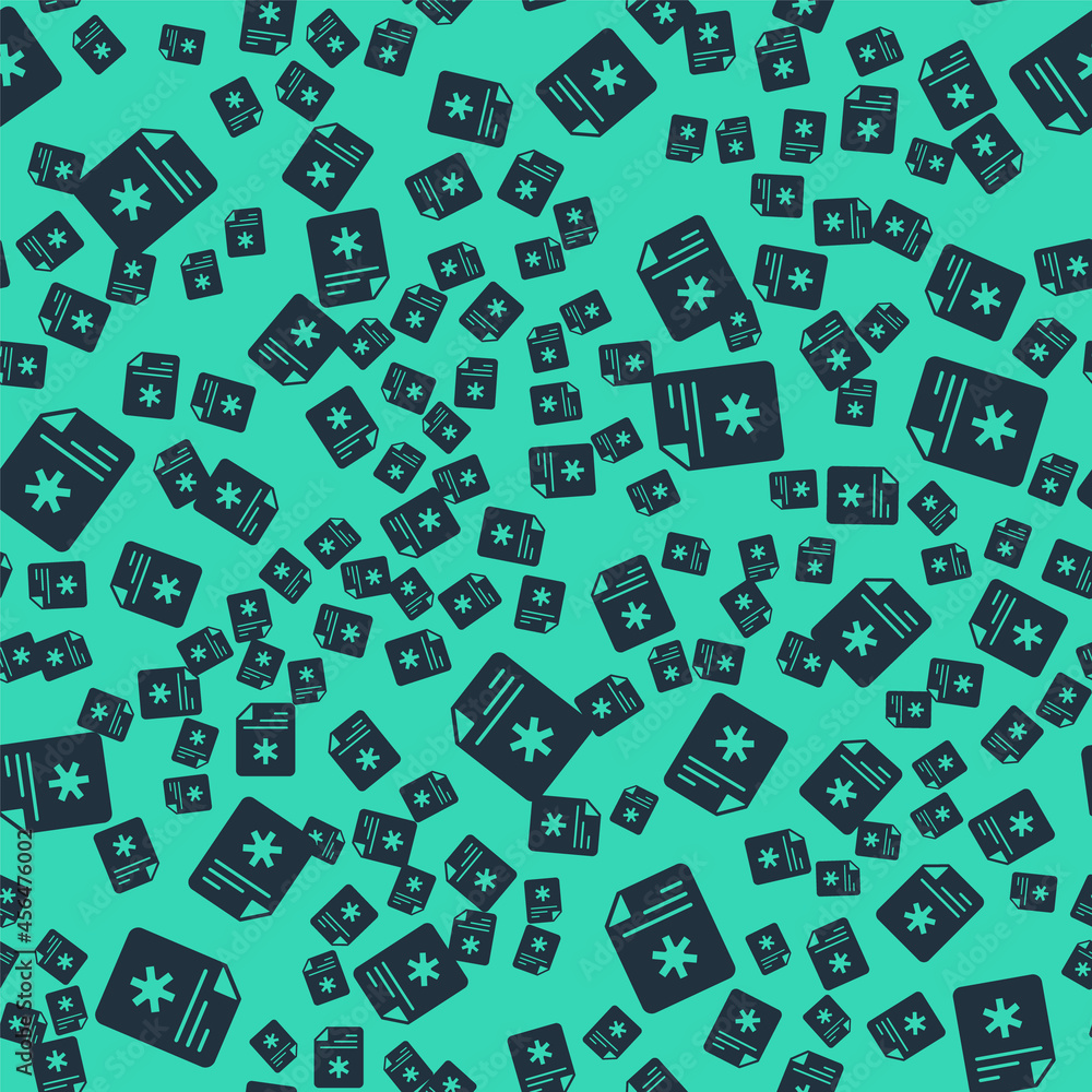 Black Medical clipboard with clinical record icon isolated seamless pattern on green background. Prescription, medical check marks report. Vector Black Medical clipboard with clinical record icon isolated seamless pattern on green background. Prescription, medical check marks report. Vector