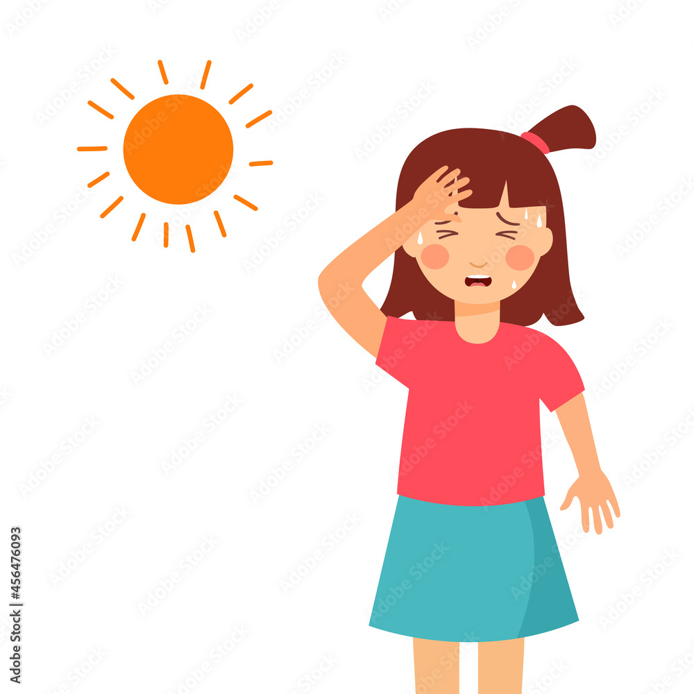 Sweaty girl child suffering from hot weather strong sunlight in flat design. Nausea and dizziness symptom. Hot summer day. Sweaty girl child suffering from hot weather strong sunlight in flat design. Nausea and dizziness symptom. Hot summer day.