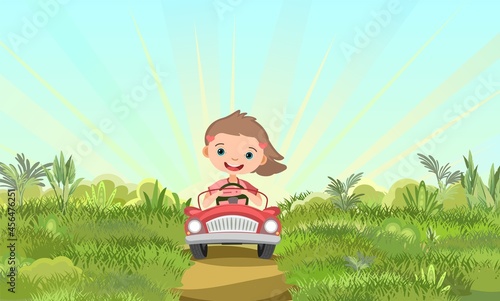 Childrens adventure in small car on suburban. Kid drives pedal or electric toy automobile. Cartoon illustration. Summer rural landscape. Vector
