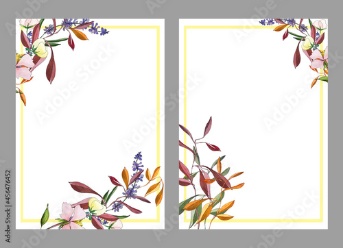 Frame with watercolor illustrations of flora. Yellow frame entwined with autumn flowers and leaves. Postcard, invitation template, background