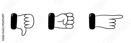 Negative hand and finger gestures. Dislike, fist, point with your finger. Vector illustration isolated in doodle style on white background.