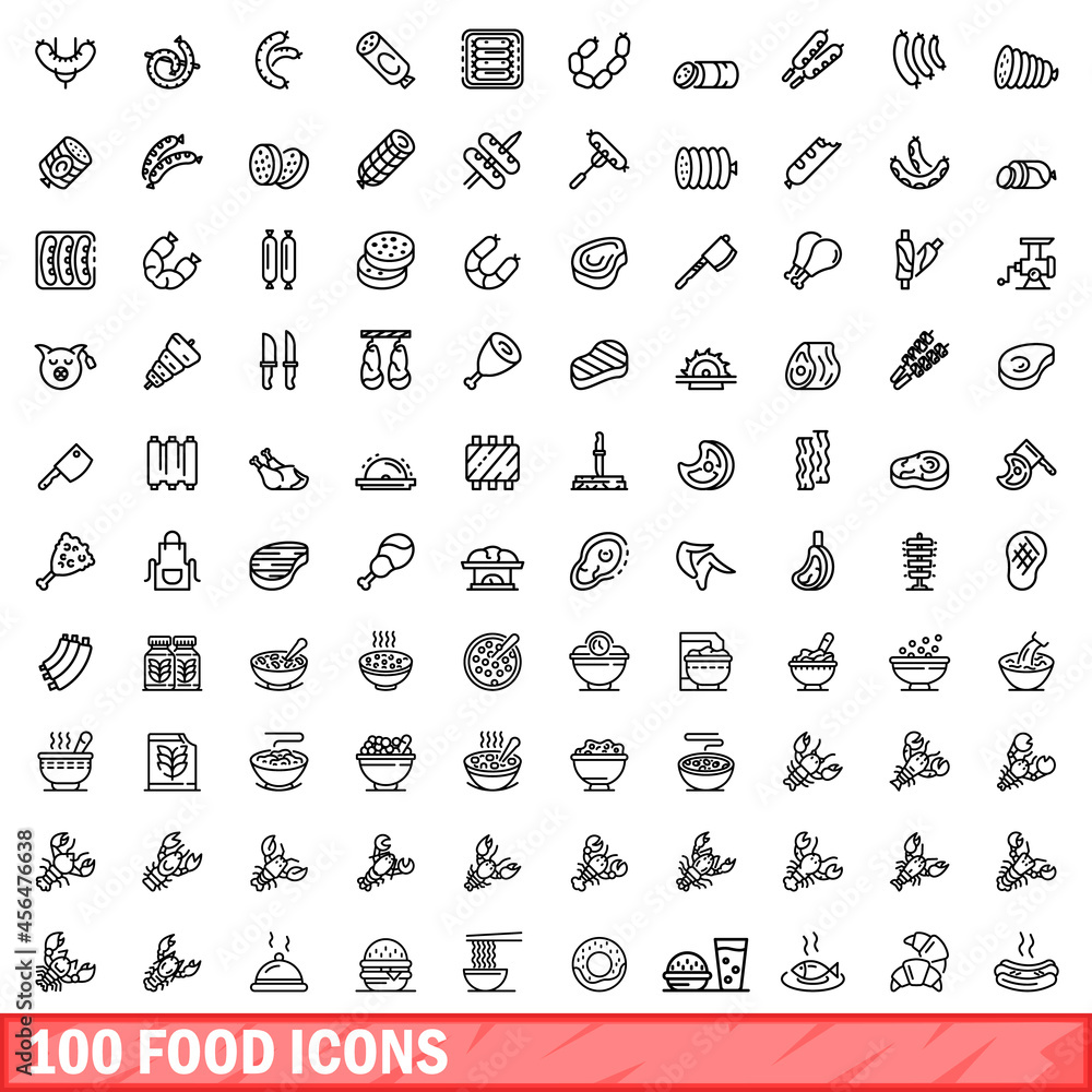 100 food icons set. Outline illustration of 100 food icons vector set isolated on white background 100 food icons set. Outline illustration of 100 food icons vector set isolated on white background