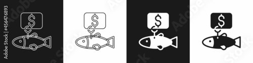 Set Price tag for fish icon isolated on black and white background. Vector