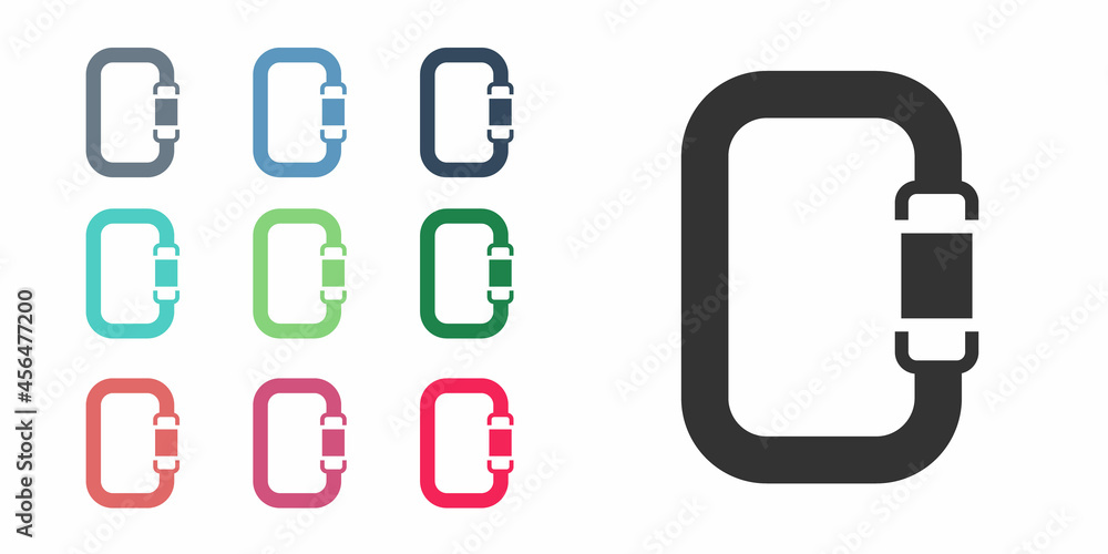 Black Carabiner icon isolated on white background. Extreme sport. Sport equipment. Set icons colorful. Vector Black Carabiner icon isolated on white background. Extreme sport. Sport equipment. Set icons colorful. Vector