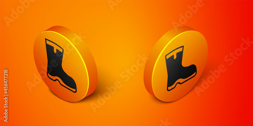 Isometric Fishing boots icon isolated on orange background. Waterproof rubber boot. Gumboots for rainy weather, fishing, hunter, gardening. Orange circle button. Vector