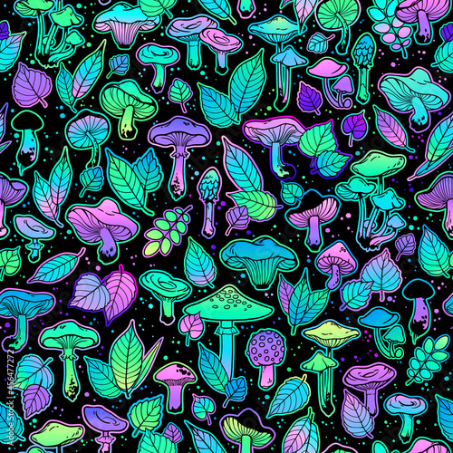seamless illustration depicting a pattern of various bright mushrooms and plant leaves