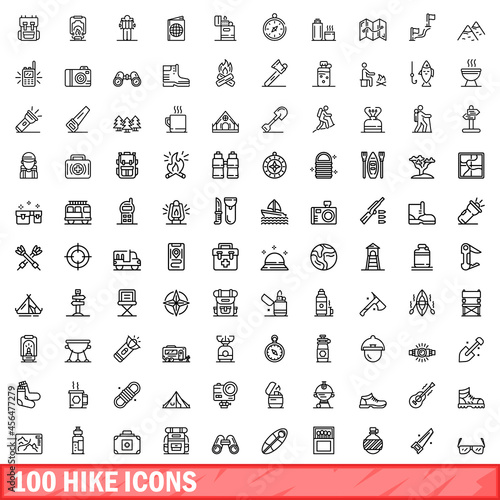100 hike icons set. Outline illustration of 100 hike icons vector set isolated on white background