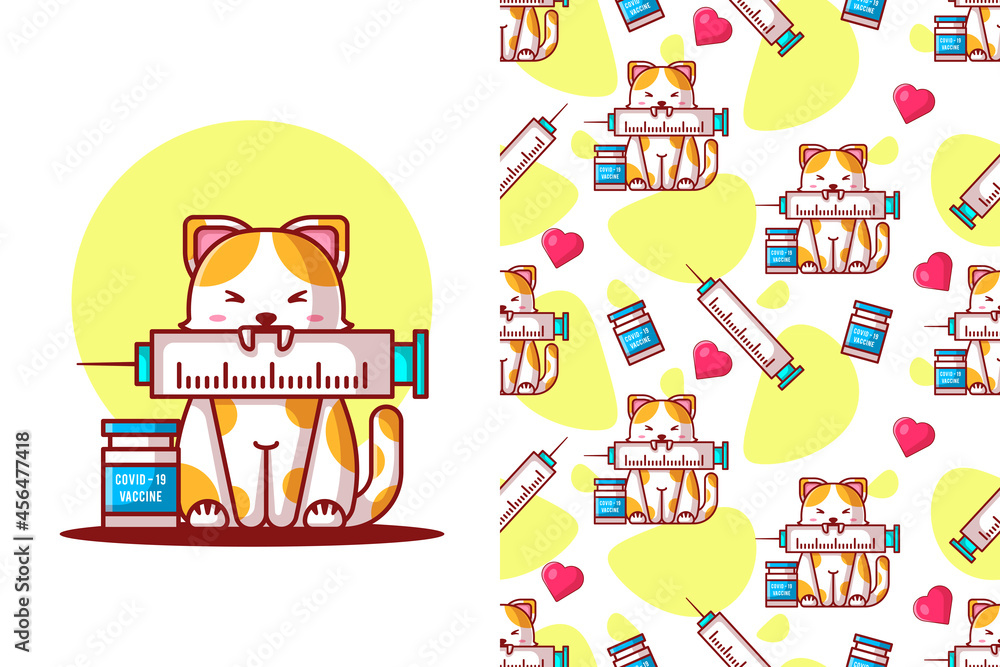 Seamless pattern cute cat cartoon with vaccine Seamless pattern cute cat cartoon with vaccine
