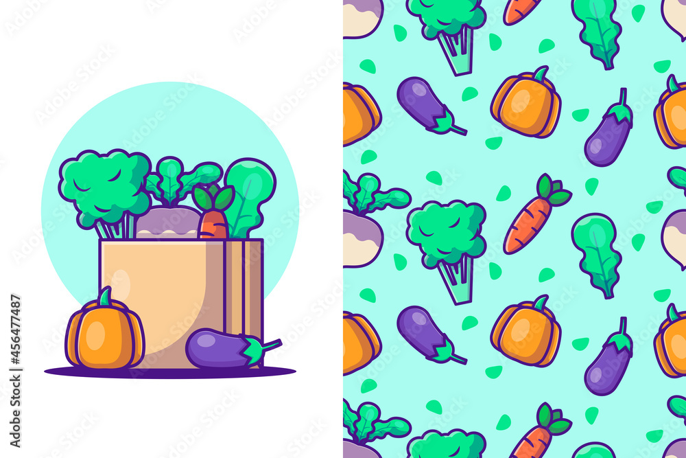 vegetables cartoon illustrations with seamless pattern