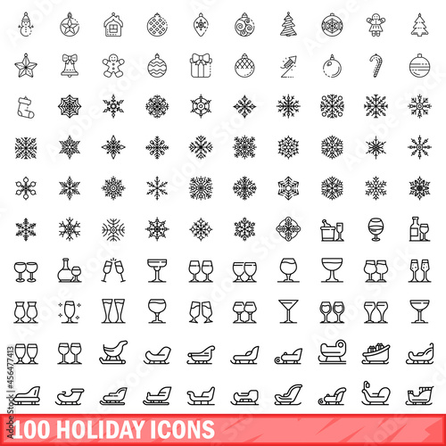 100 holiday icons set. Outline illustration of 100 holiday icons vector set isolated on white background