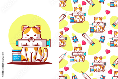 Seamless pattern cute cat cartoon with vaccine