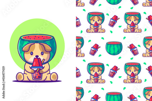 Cute dog cartoon and watermelon with seamless pattern